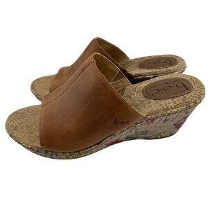 B.O.C. Born Women’s 9 Tan Leather Floral Print Cork Platform Wedge Slide Sandals